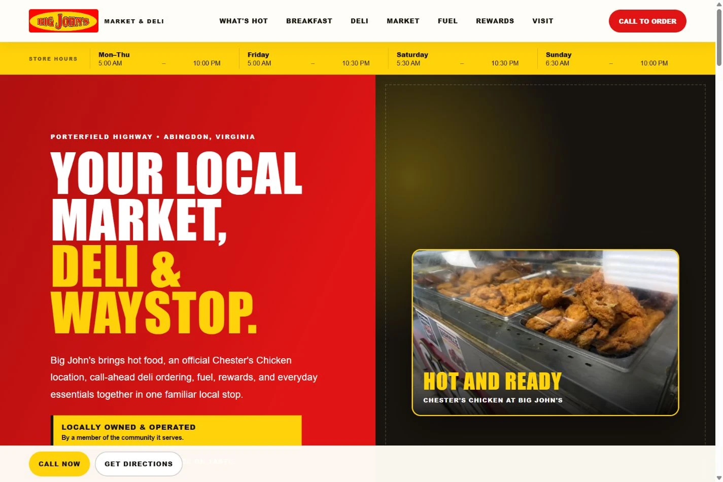 The published Big John’s homepage with customer navigation, call-to-order action, and hot-food presentation