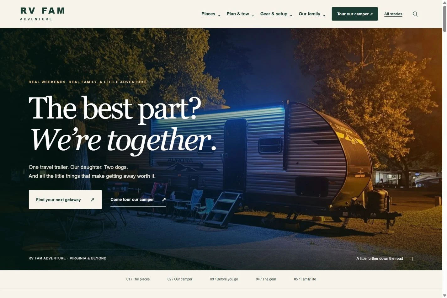 RV Family Adventure homepage with family RV travel stories and planning navigation